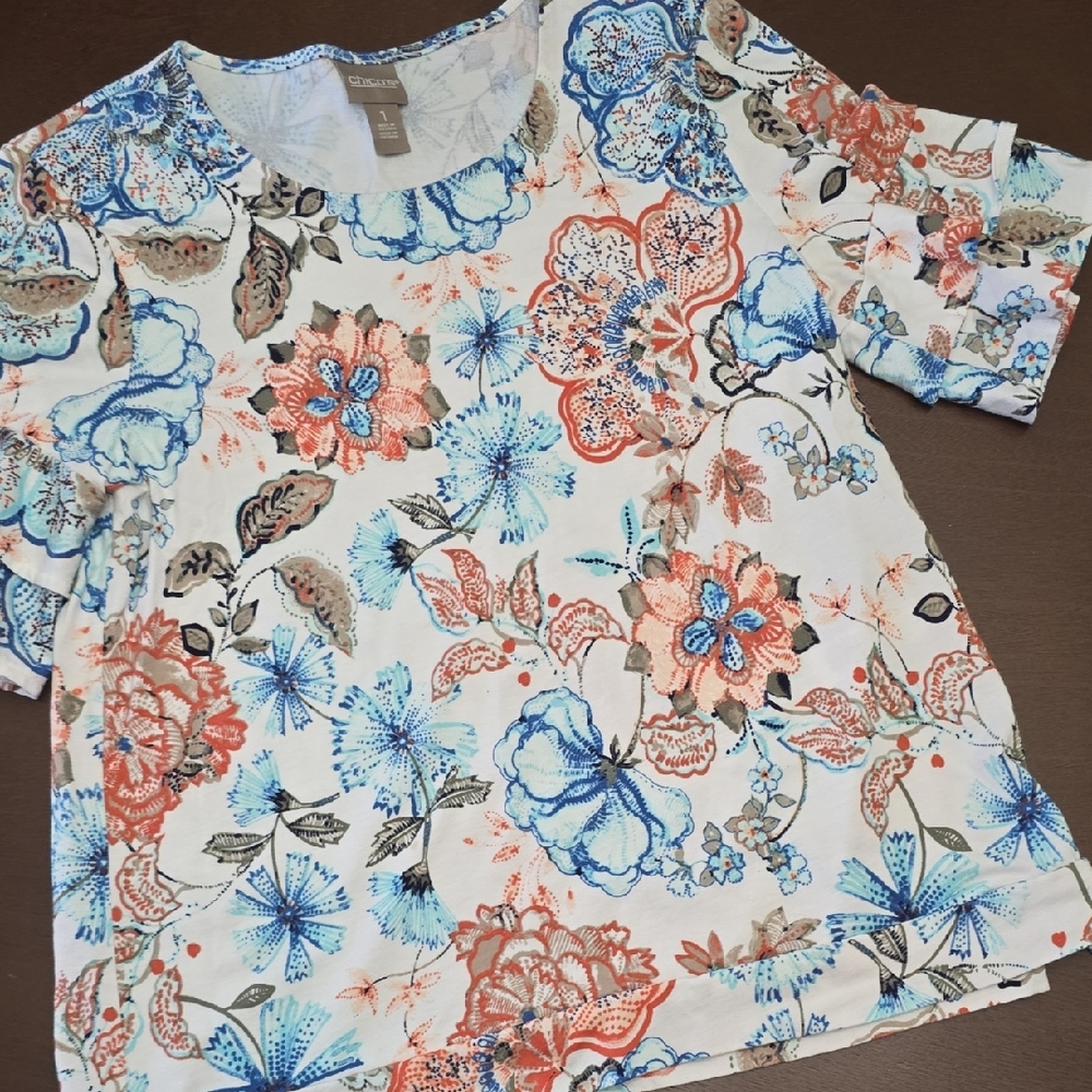 CHICO'S Floral Print‎ Women's Top Ruffle Short Sleeve Sz 1 - 8/10